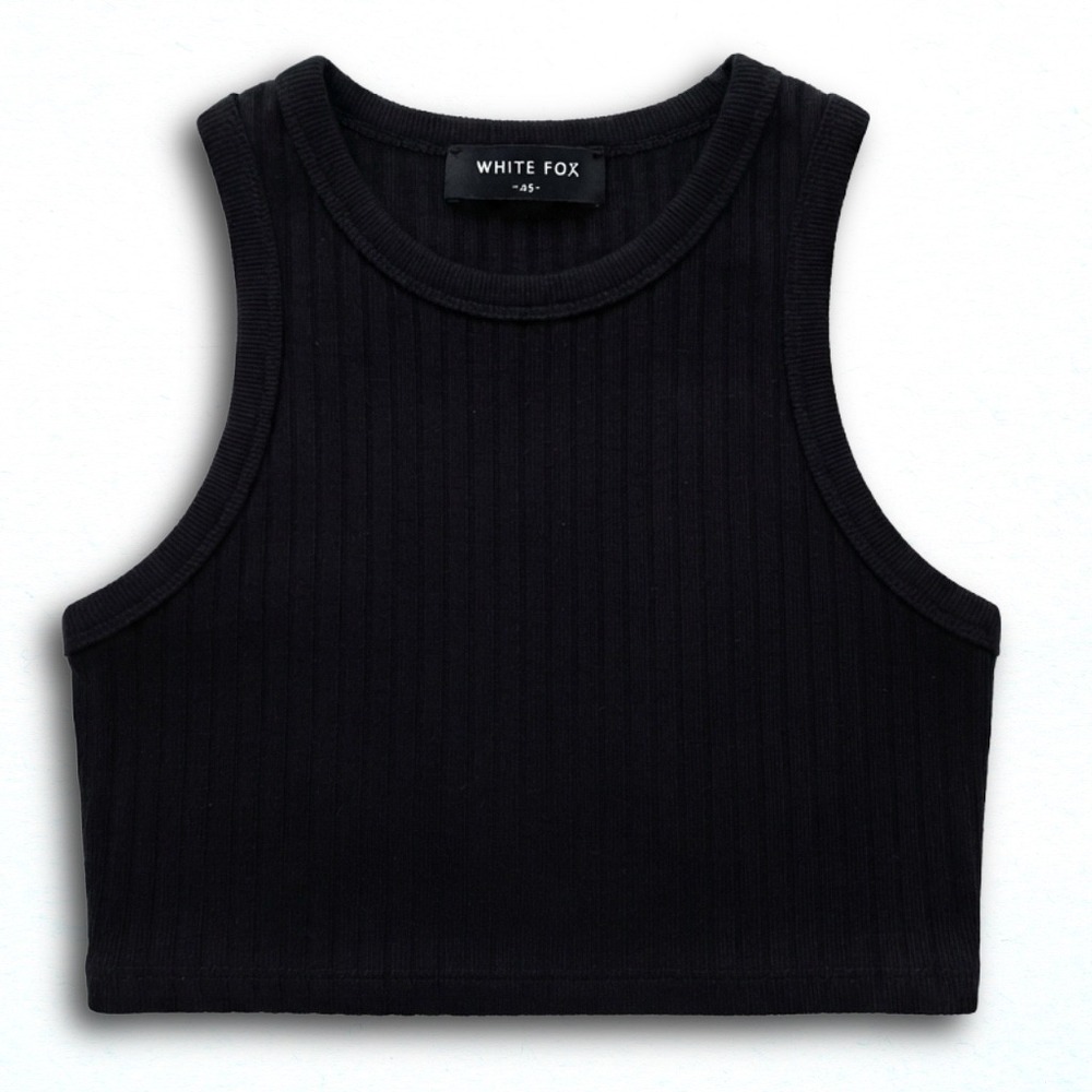 White Fox Ribbed Crop Tank Top Black Sleeveless Crew Neck XS
